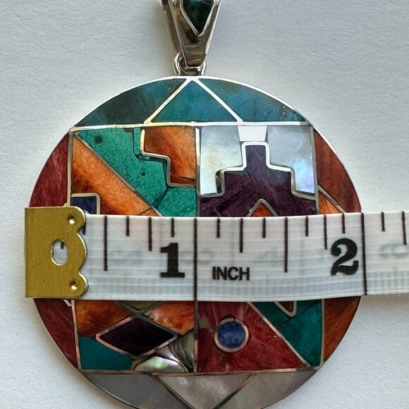 Peruvian 950 Sterling Silver Pendant | Circular Mosaic Inlay with Natural Stones - Picture 11 of 13